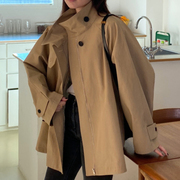 韩国chic秋季复古英伦风立领拉链，双口袋设计宽松休闲长袖风衣外套