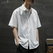 短袖衬衫男夏季冰丝薄款宽松加大码痞帅白色衬衣男生半袖领证寸衫