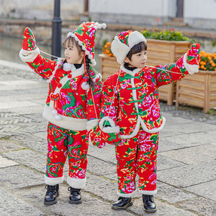 女童东北大花袄冬季花布棉袄套装过年服宝宝棉裤棉服男童喜庆棉衣