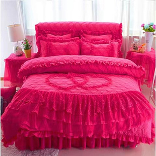 婚L庆四件套韩版公主风蕾丝夹棉床裙1.8米粉色被罩玫红床罩4件套
