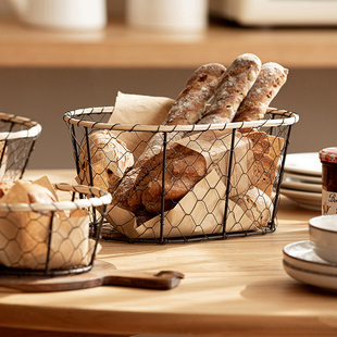 日式铁艺面包筐圆形金属网格镂空框框，收纳筐桌面零食水果储物篮子