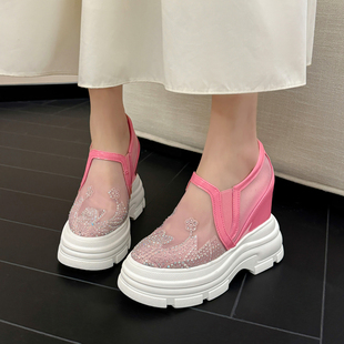 8cm厚底内增高女鞋春夏季漆皮水钻，透气网纱鞋坡跟粉色松糕鞋