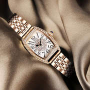 香港女士手表时尚，潮流复古酒桶型水钻石英表钢带，气质商务手表