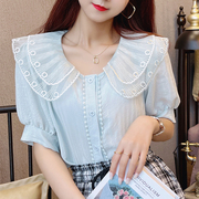 欧根纱双层娃娃领短袖衬衫，女装夏季法式褶皱，棉麻白色衬衣上衣