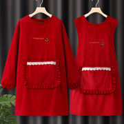 灯芯绒罩衣大人女士秋冬网红围裙厨房家用长袖餐饮专用工作服