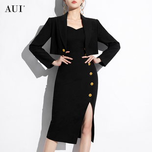 aui黑色职业气质小西装，套装女2024春高级感吊带连衣裙两件套