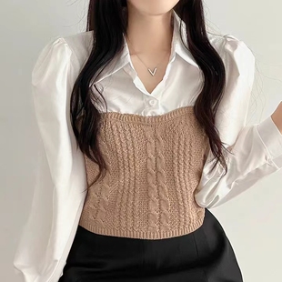 韩国chic春季泡泡袖长袖，polo领针织，拼接衬衫设计感撞色假两件上衣