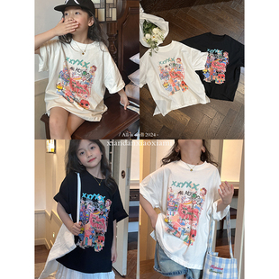 韩国夏装女童宽松纯棉卡通印花短袖T恤儿童涂鸦黑白色半袖上衣