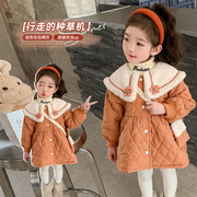 女童棉衣外套2023洋气桔色包包绗缝时髦棉衣中小童加绒棉服潮