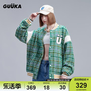 guuka绿色美式经典棒球服夹克，女春秋潮小香风外套女oversize