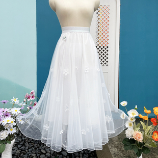 唯美空灵白色半身裙，女夏法式优雅梦幻，纱裙山茶花珍珠绣花仙女裙