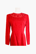 vintage古着复古日本制红色提花绣花长袖连衣裙修身显瘦俏皮减龄