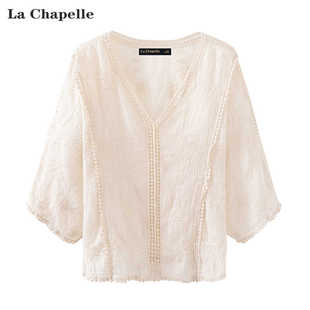 拉夏贝尔lachapelle夏季法式v领刺绣衬衫女蝙蝠袖蕾丝上衣