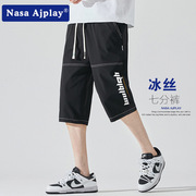 NASA时尚黑色字母印花冰丝七分裤子男款夏季男生休闲短裤潮