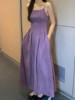 棉麻扎染紫色吊带连衣裙女秋季法式收腰内搭长裙春