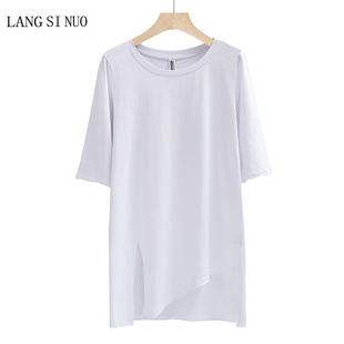 五分袖竹节棉t恤秋季韩版宽松圆领白色，纯棉中长款开叉中袖体恤