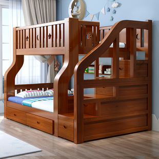 上下床高低实木儿童滑梯床，二层组合上下铺衣柜双层床全实木子母床