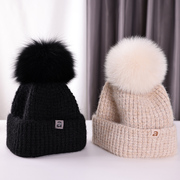 羊毛帽子女冬季百搭可爱真狐狸毛球球毛线帽保暖帽加厚护耳针织帽