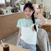 薄荷绿短袖t恤韩系，ins少女减龄小个子浅绿色，上衣短款圆领叠穿打底