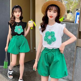 女童夏季时尚绿色花朵，套装中大童儿童，夏装休闲短裤洋气飞袖两件套
