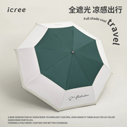 icree绿米色拼色黑胶高颜值太阳伞晴雨两用防晒防紫外线遮阳伞