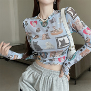 kaka韩版夏季小猫咪印花修身显瘦弹力，透视蕾丝长袖打底衫t恤女