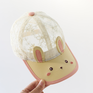 婴儿帽子夏季薄款卡通小兔鸭舌帽女童防晒遮阳网纱透气宝宝棒球帽