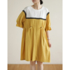 天然出品黄色拼接圆领插肩袖连衣裙女可收腰宽松中长裙QA3913