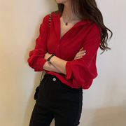 衬衫女士2023春秋装韩版时尚显瘦长袖小衫洋气本命年红色上衣