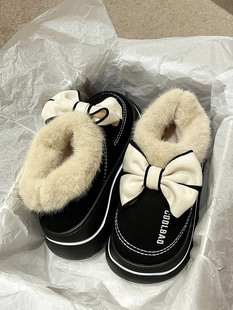 厚底棉鞋女冬季高跟外穿时尚蝴蝶结，拖鞋冬加绒保暖情侣雪地靴包跟
