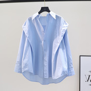 浅蓝色荷叶边长袖衬衫，女春季洋气减龄设计感宽松休闲衬衣外套
