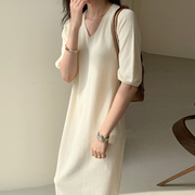 韩国chic夏季复古气质V领坑条设计宽松休闲长款短袖针织连衣裙女