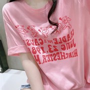 圆领字母印花粉色kt恤女夏季韩版宽松上衣纯棉糖果色小众短袖