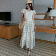 sroom韩版chic夏季优雅风，蕾丝拼接格子，连衣裙小众设计感气质长裙