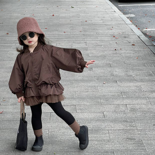 女童外套23秋季韩版儿童蕾丝下摆风衣中小童时髦夹克拉链开衫