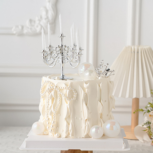 女神生日蛋糕装饰品复古欧式烛台摆件珍珠珍珠蝴蝶结蜡烛插件