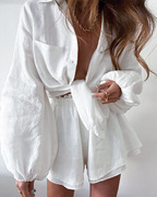法式复古防晒白色长袖衬衫，荷叶边短裤两件套夏季棉麻休闲时尚套装