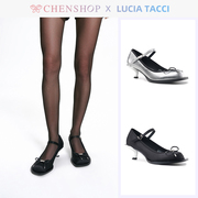 LUCIA TACCI缎面圆头金属猫跟玛丽珍芭蕾舞单鞋高跟鞋女CHENSHOP