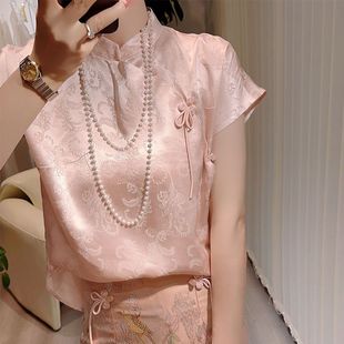 超好看粉色衬衫女春夏季短袖改良旗袍上衣，复古风印花新中式衬衣