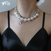 时髦水钻夸张项链女2023年锆石，珍珠锁骨链，小众设计感欧美颈链