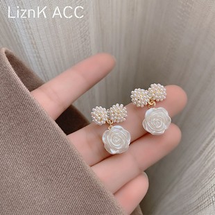 s925银针法式珍珠花朵耳环2022年潮小众设计感高级耳钉女秋冬