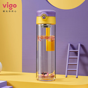 vigo可爱撞色玻璃杯双层防烫手杯子提绳耐高温简约弹盖水杯带滤网