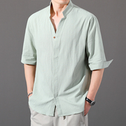 男士棉麻衬衫短袖，2023年薄款七分袖，衬衣夏季亚麻休闲青年男装