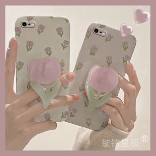 紫色郁金香花朵适用苹果8plus手机壳iphone7带支架的se3透明se2软6硅胶的6s气质5高级感5s女4小众4s网红p