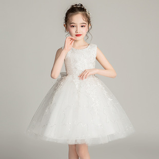 女孩夏季白色蓬蓬网纱公主裙子中小童连衣裙幼儿园演出服花童礼服