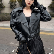 杨杨酒红色短款皮衣外套，女高级感黑色，大翻领宽松廓型机车皮夹克