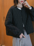 棉服女2023年秋冬季韩版菱格黑色圆领宽松韩系小个子短款棉衣