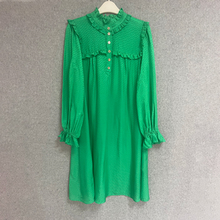 欧美时尚春夏季绿色长袖宽松法式娃娃裙缎面真丝短款连衣裙