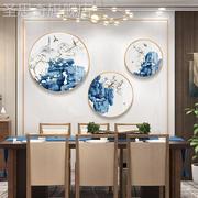 新中式现代餐厅背景墙装饰画，茶室花鸟山水，圆形客厅壁画三联画