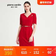皮尔卡丹女装夏季红色，短袖v领连衣裙，纯色宽松裙p92ds06r0
